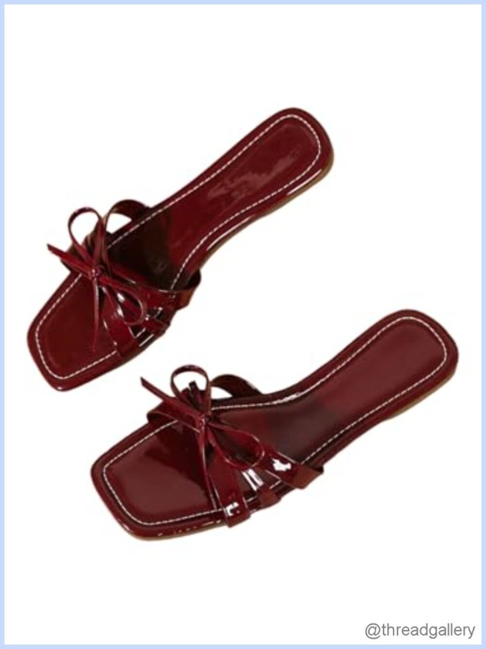 PU Leather Bow Flat Sandals Square Open Toe Slip On Dressy